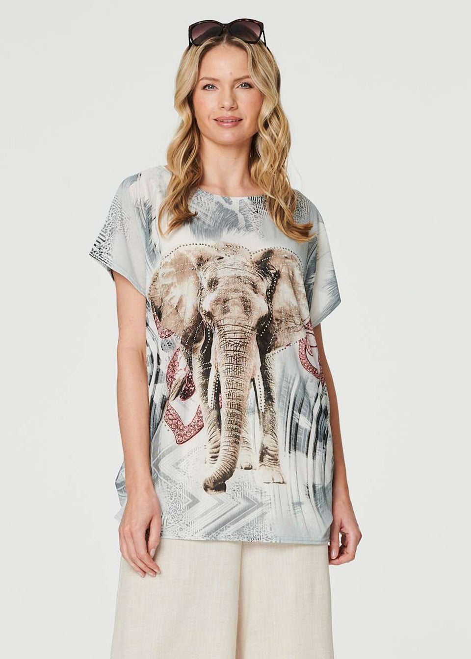 Izabel London Silver Embellished Elephant Graphic Top