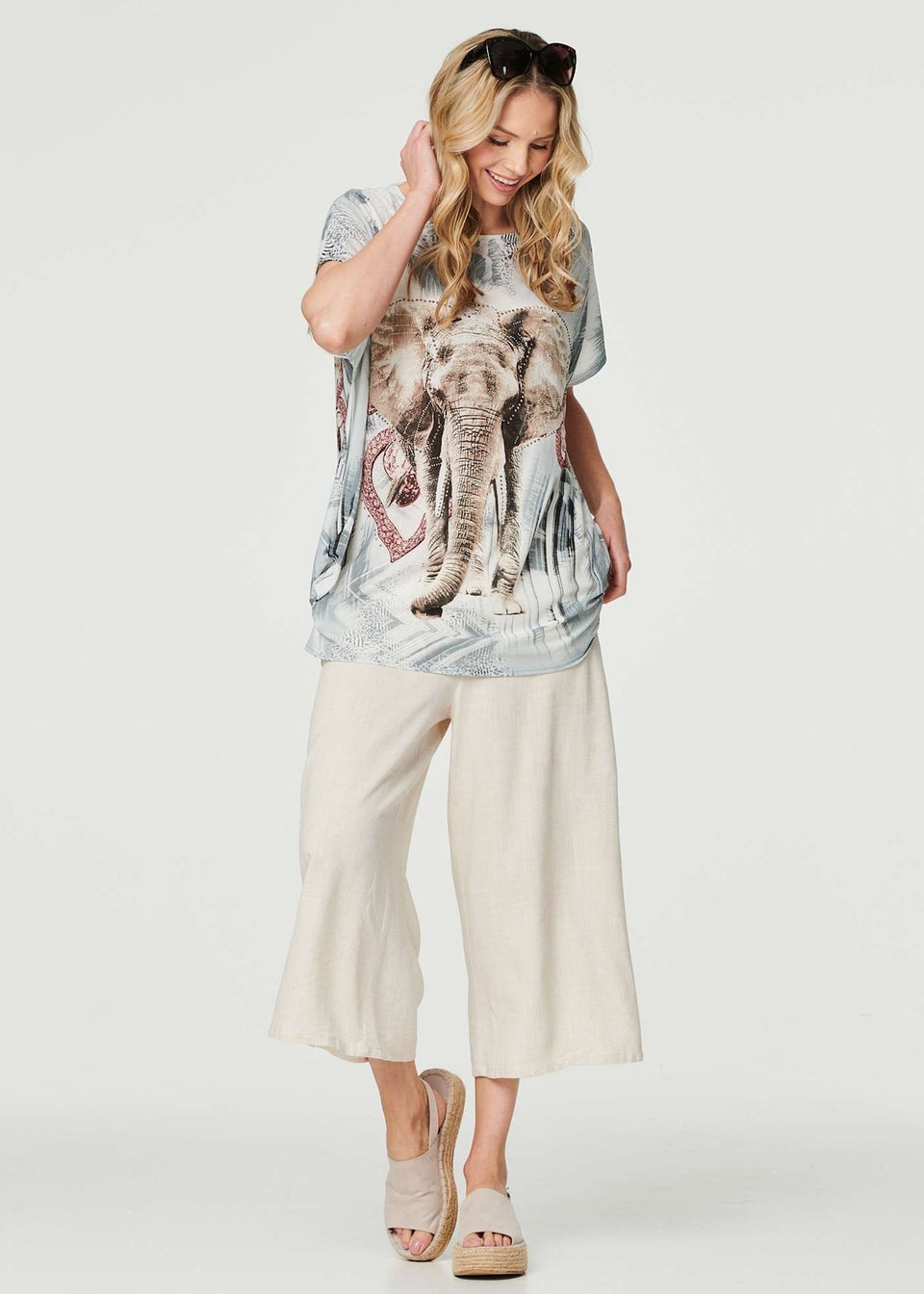Izabel London Silver Embellished Elephant Graphic Top