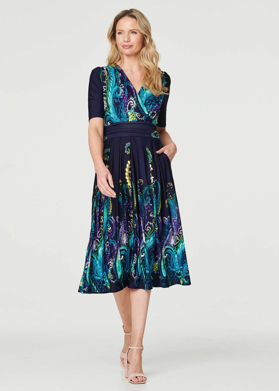 Izabel London Teal Printed Ruched Waist Midi Dress