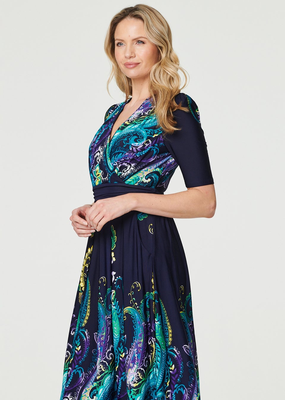 Izabel London Teal Printed Ruched Waist Midi Dress