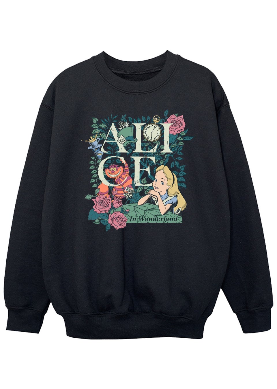 Disney Kids Black Alice In Wonderland Leafy Garden Printed Sweatshirt (3-13 yrs)