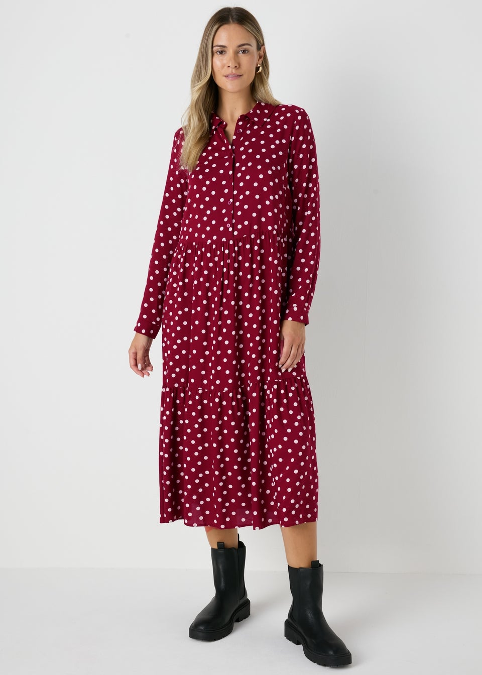 Burgundy Spot Midi Shirt Dress Matalan