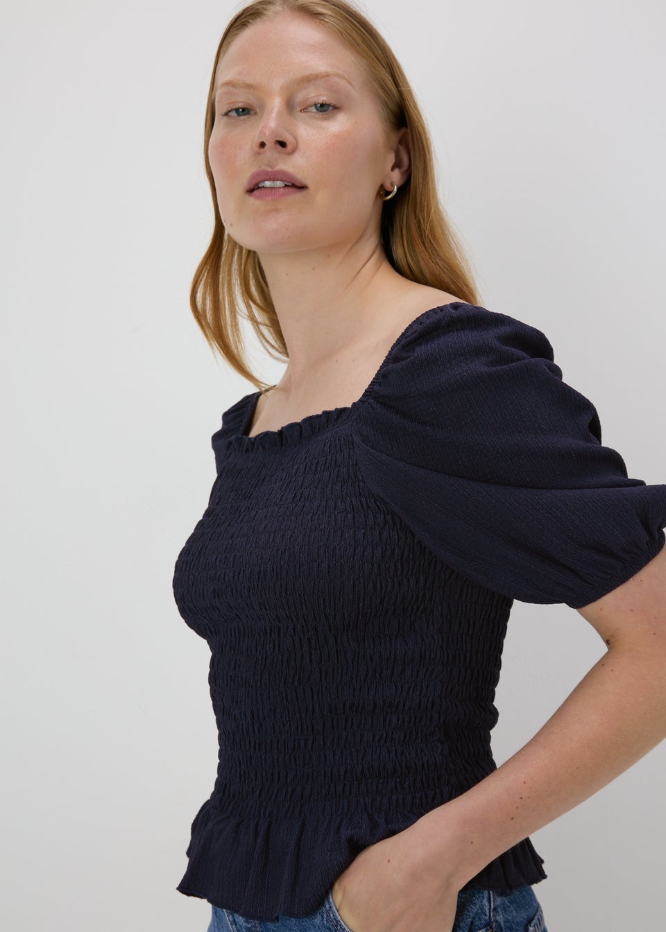 Navy Shirred Square Neck Top