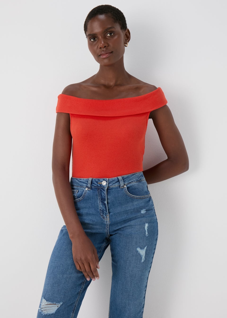 Red Ribbed Bardot Top