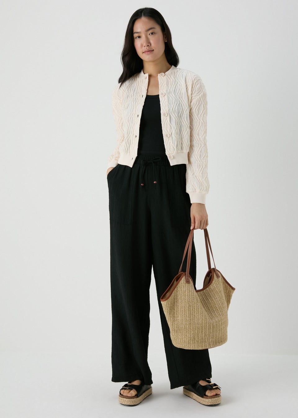 Cream Textured Bomber Jacket