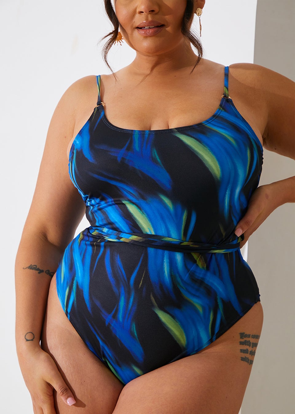 In The Style Perrie Sian Blue Ombre Trim Belted Swimsuit