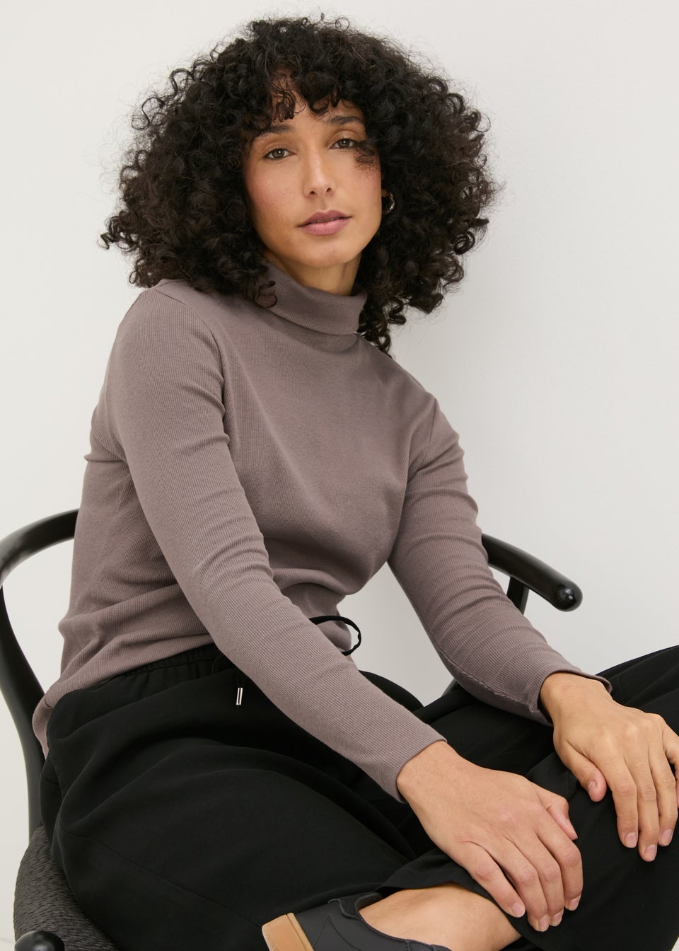Brown Ribbed Roll Neck Top