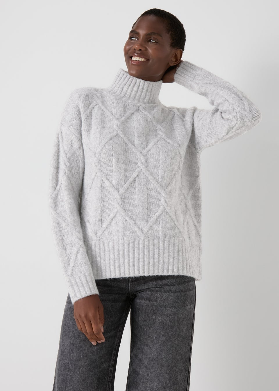Grey Cable Knit High Neck Jumper