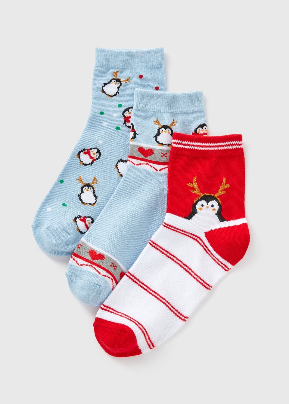 3 Pack Girls Blue Penguin Socks (Younger 6-Older 5.5)