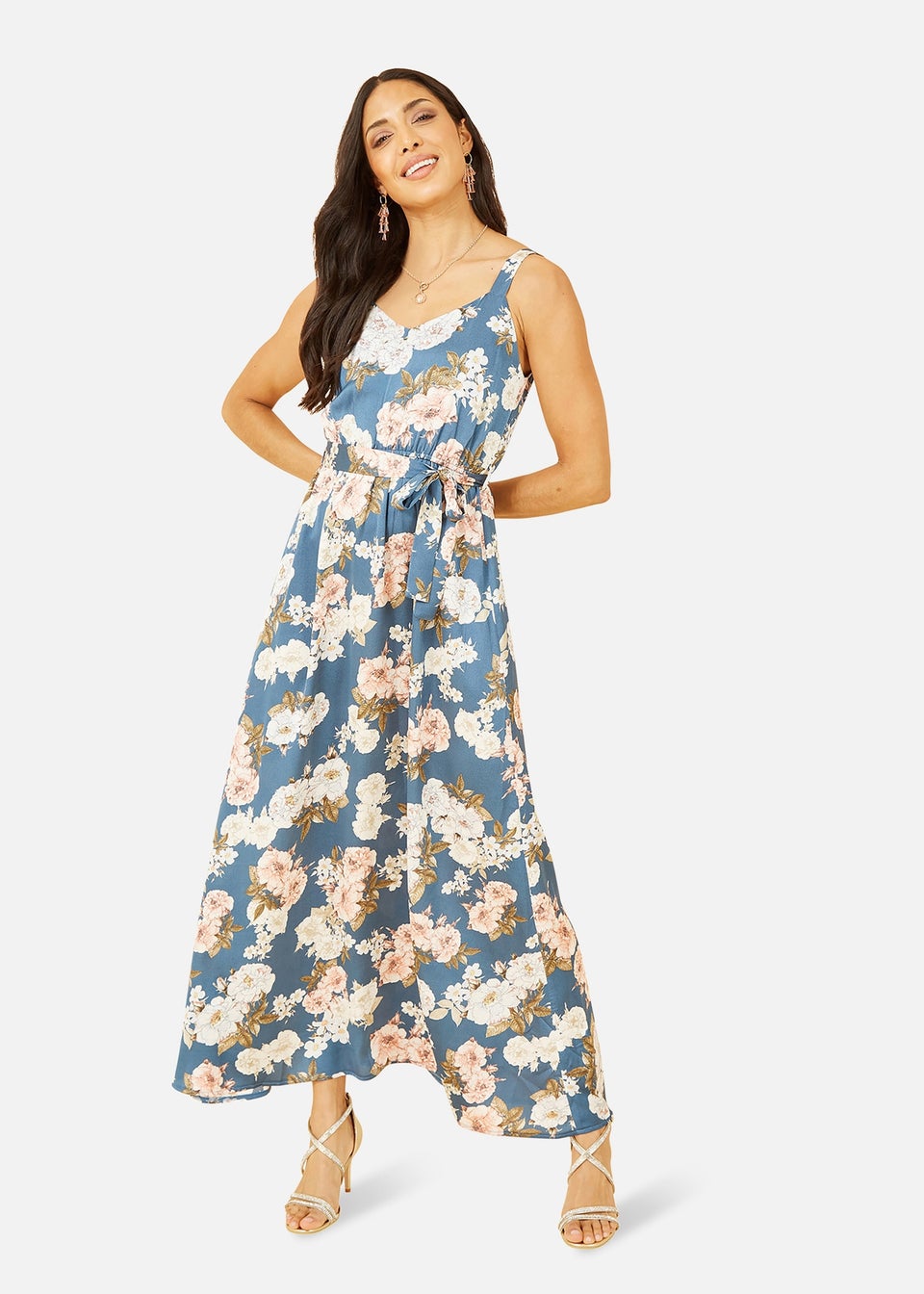 Mela Blue Satin Floral Print Maxi Dress