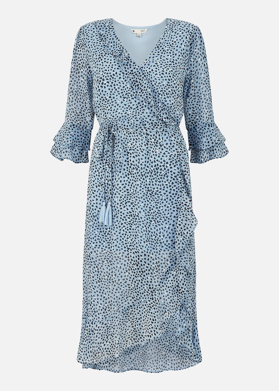 Yumi Blue Recycled Heart Spot Frill Wrap Midi Dress
