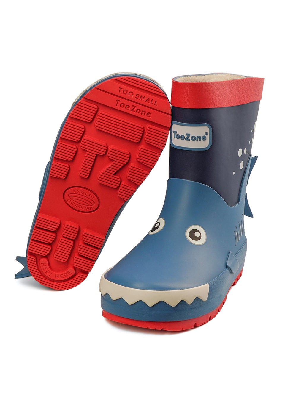 ToeZone Boys Blue Rico Novelty Shark Rain Boot (Younger 6- Older 12)