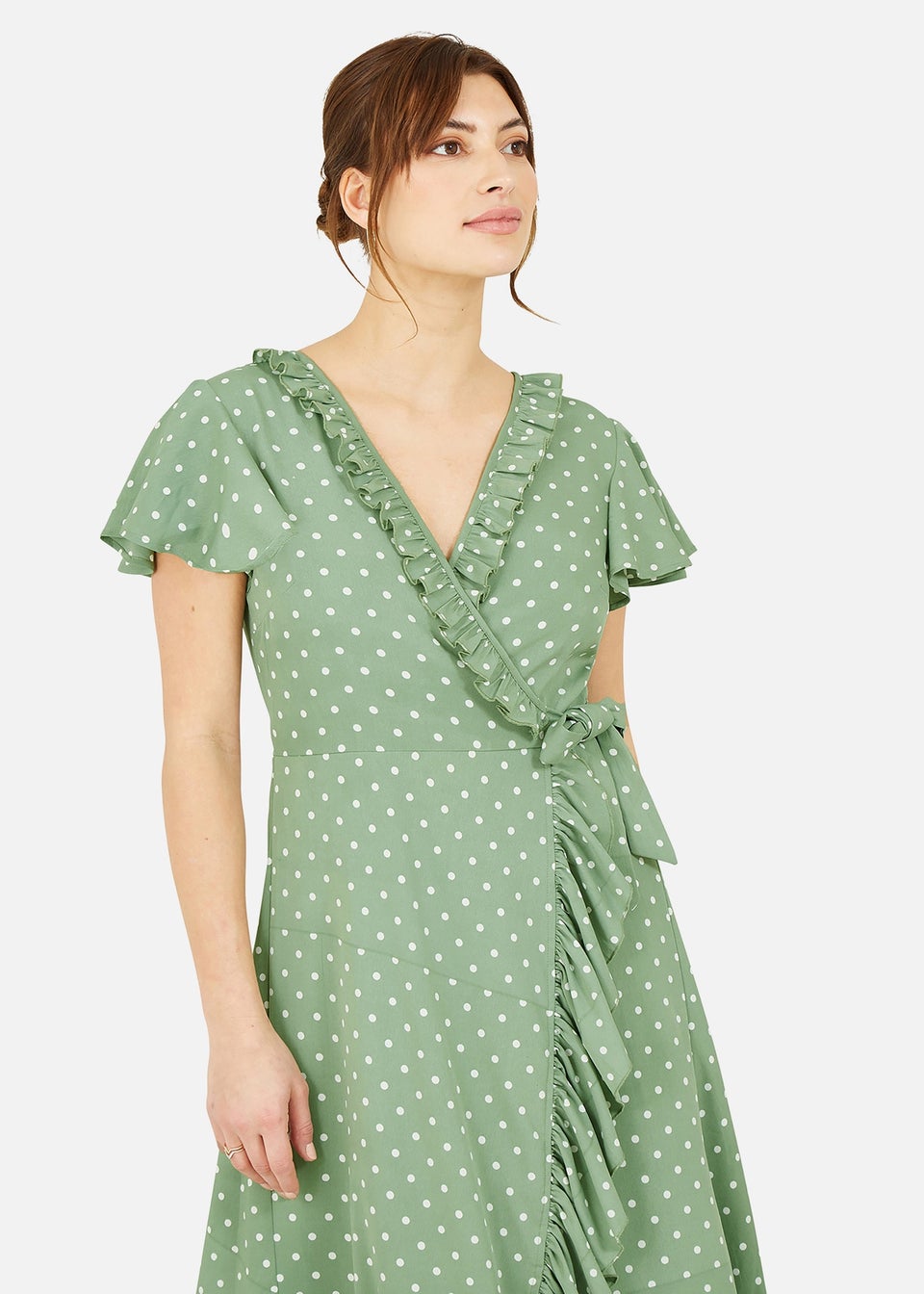 Yumi Green Polka Dot Frill Wrap Dress