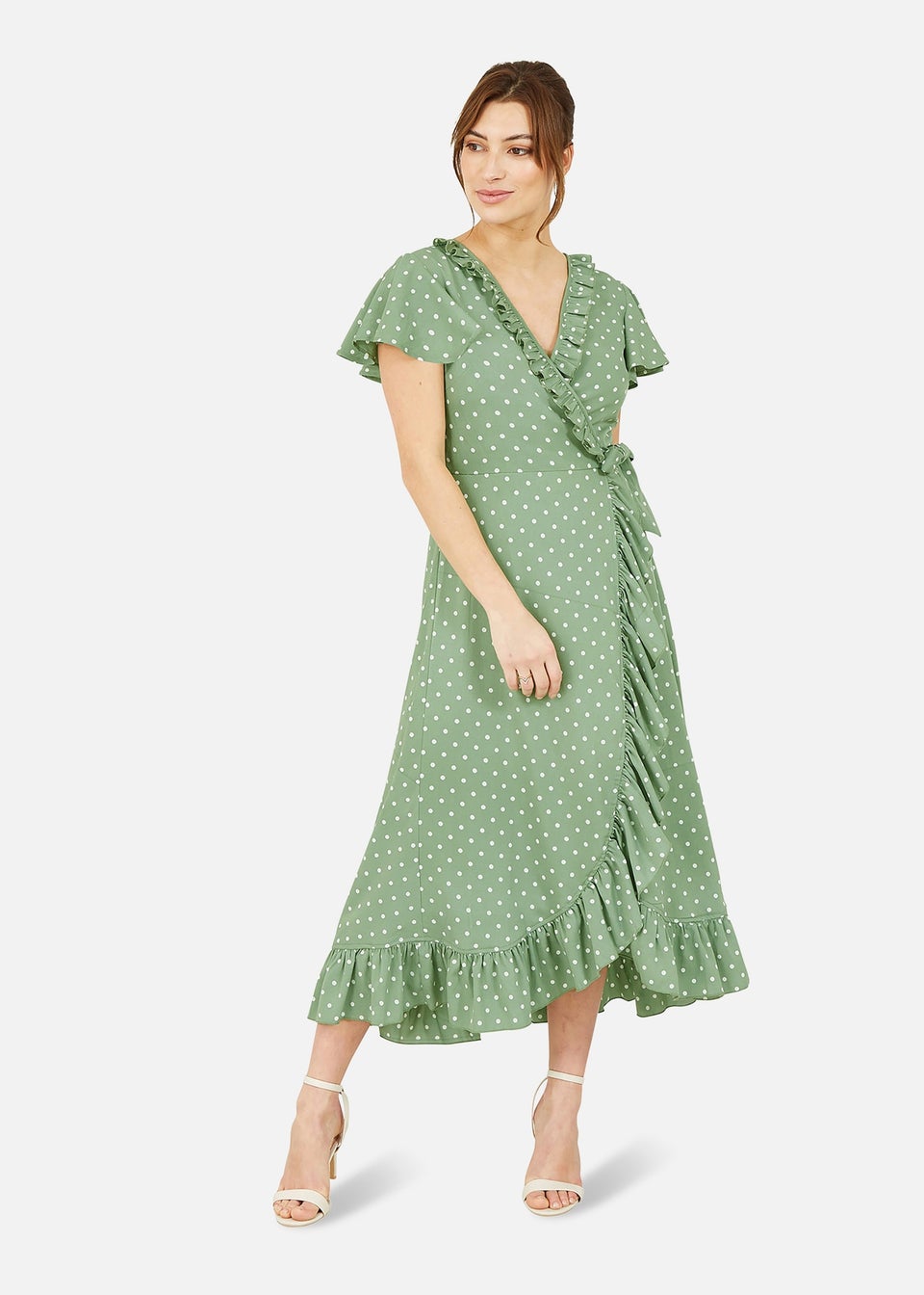 Yumi Green Polka Dot Frill Wrap Dress