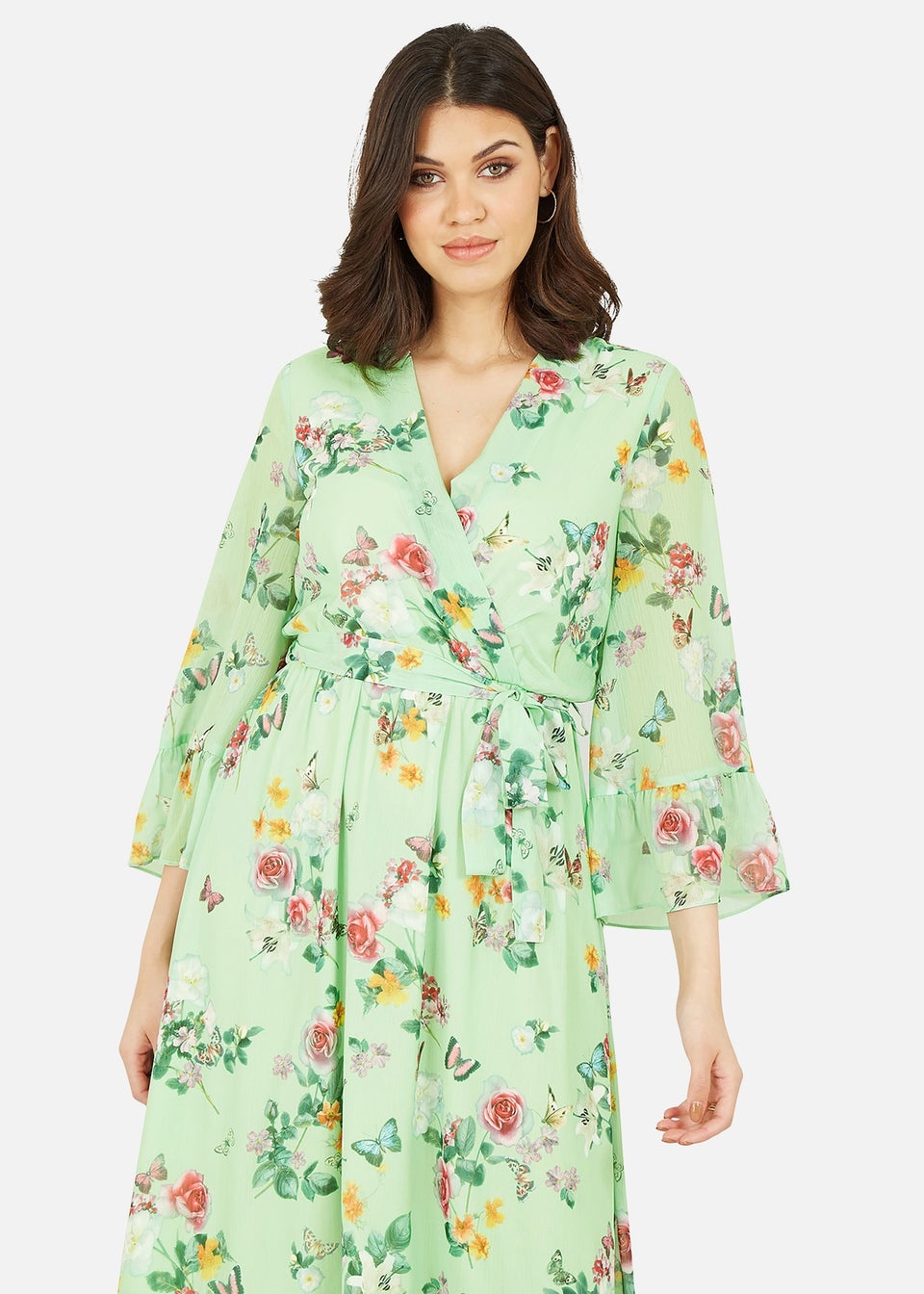 Yumi Mint Green Floral Butterfly Wrap High Low Dress