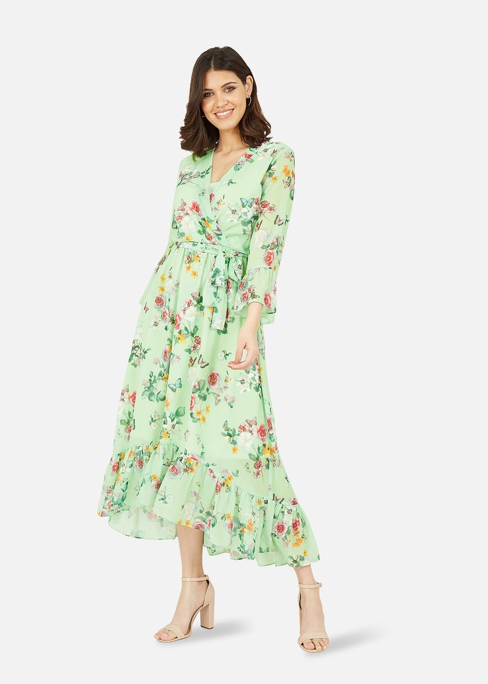Yumi Mint Green Floral Butterfly Wrap High Low Dress