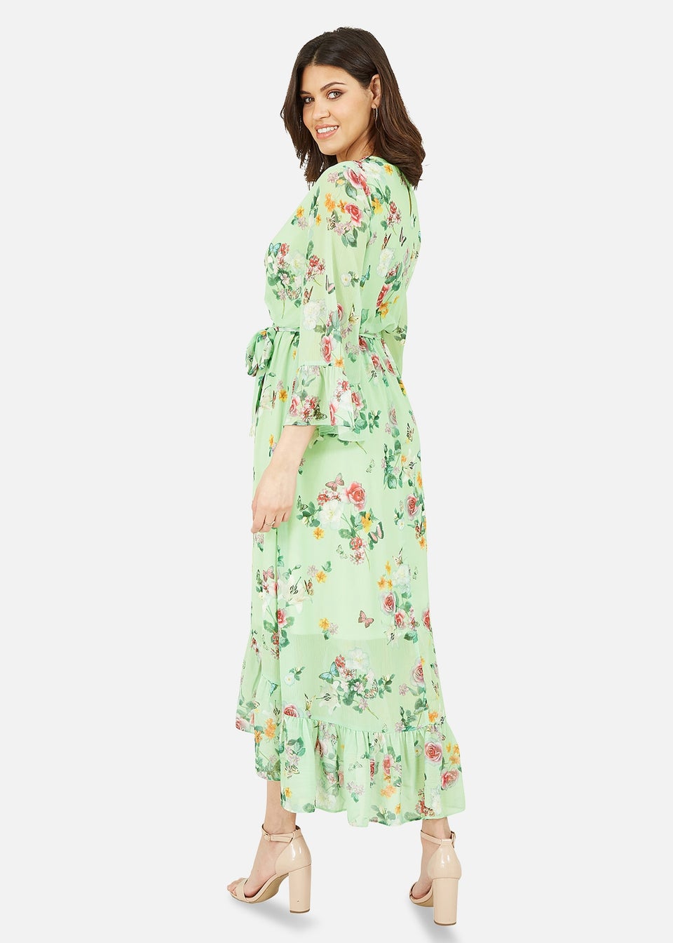 Yumi Mint Green Floral Butterfly Wrap High Low Dress
