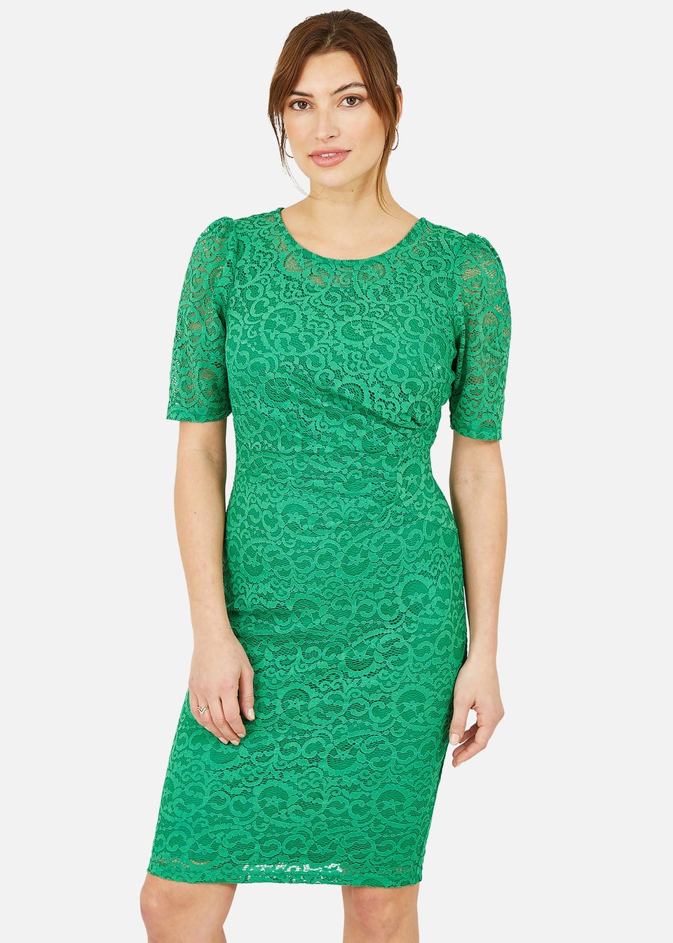 Yumi Green Ruched Lace Dress