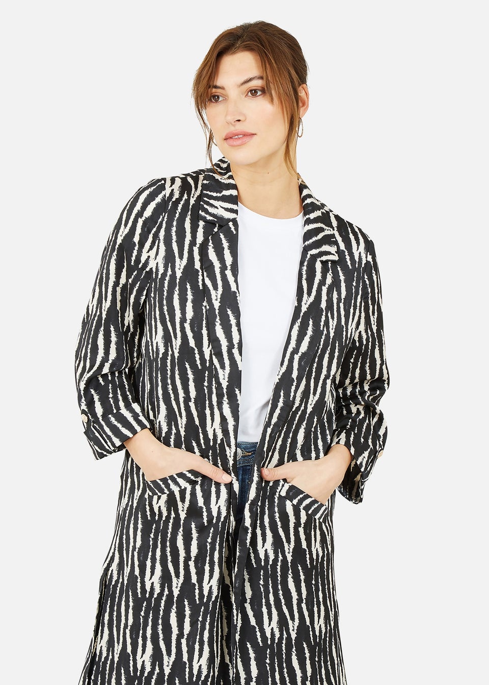 Yumi Black Zebra Print Satin Long Kimono