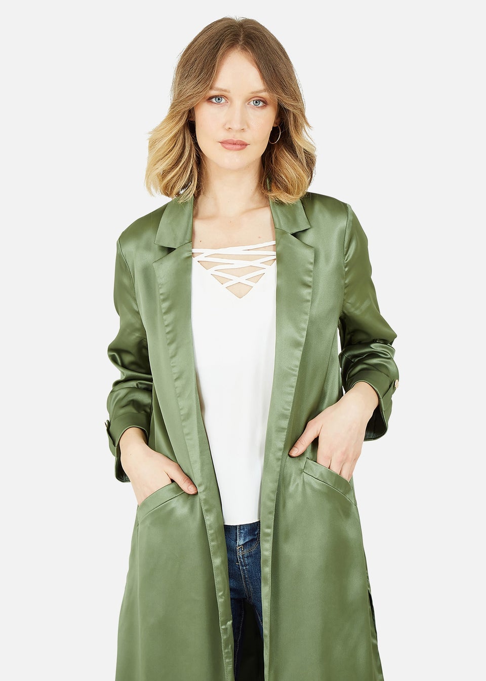 Yumi Green Satin Feel Longline Kimono Jacket Matalan