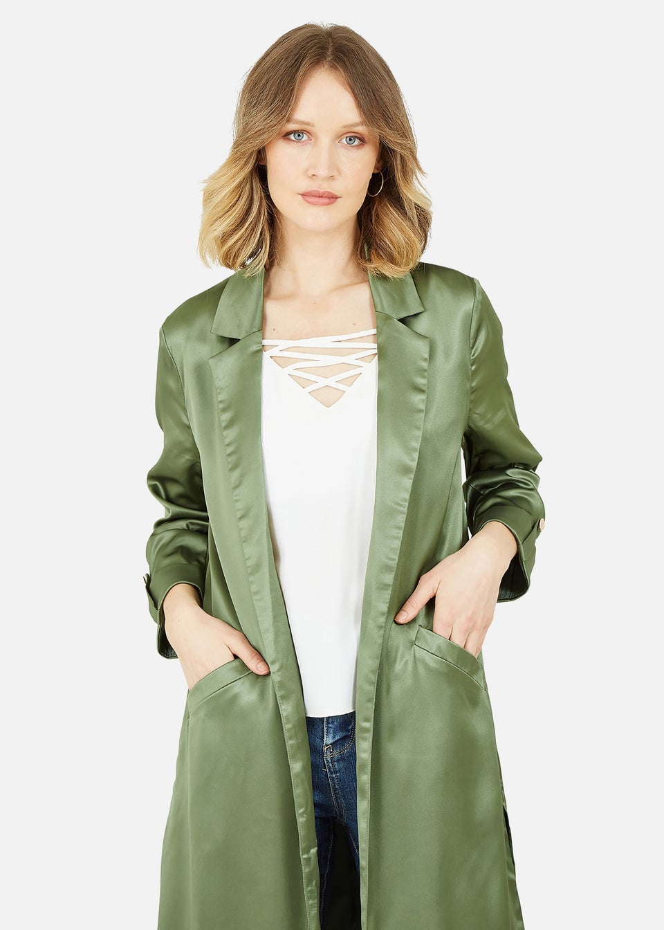 Yumi Green Satin Feel Longline Kimono Jacket