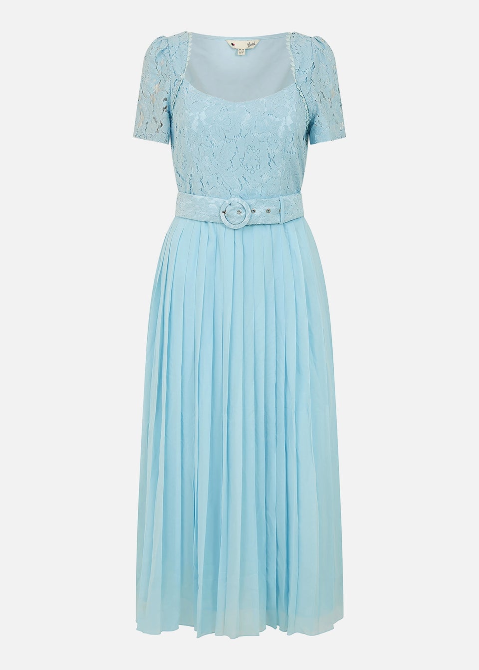 Yumi Blue Lace Dress With Pleated Skirt and Belt