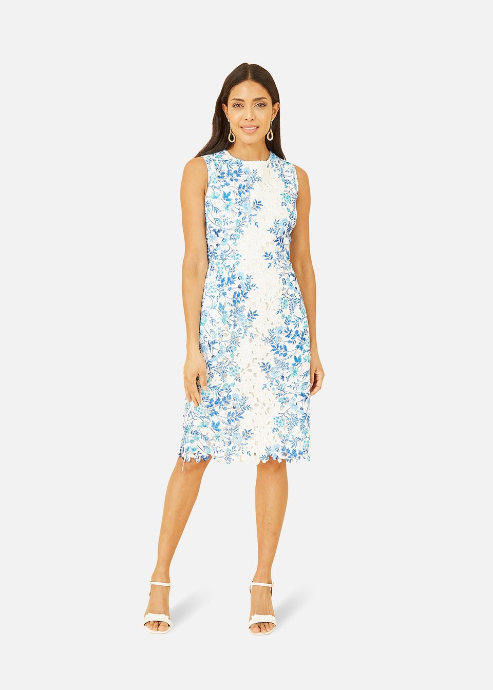 Yumi White Lace Fitted Dress With Floral Mirror Print