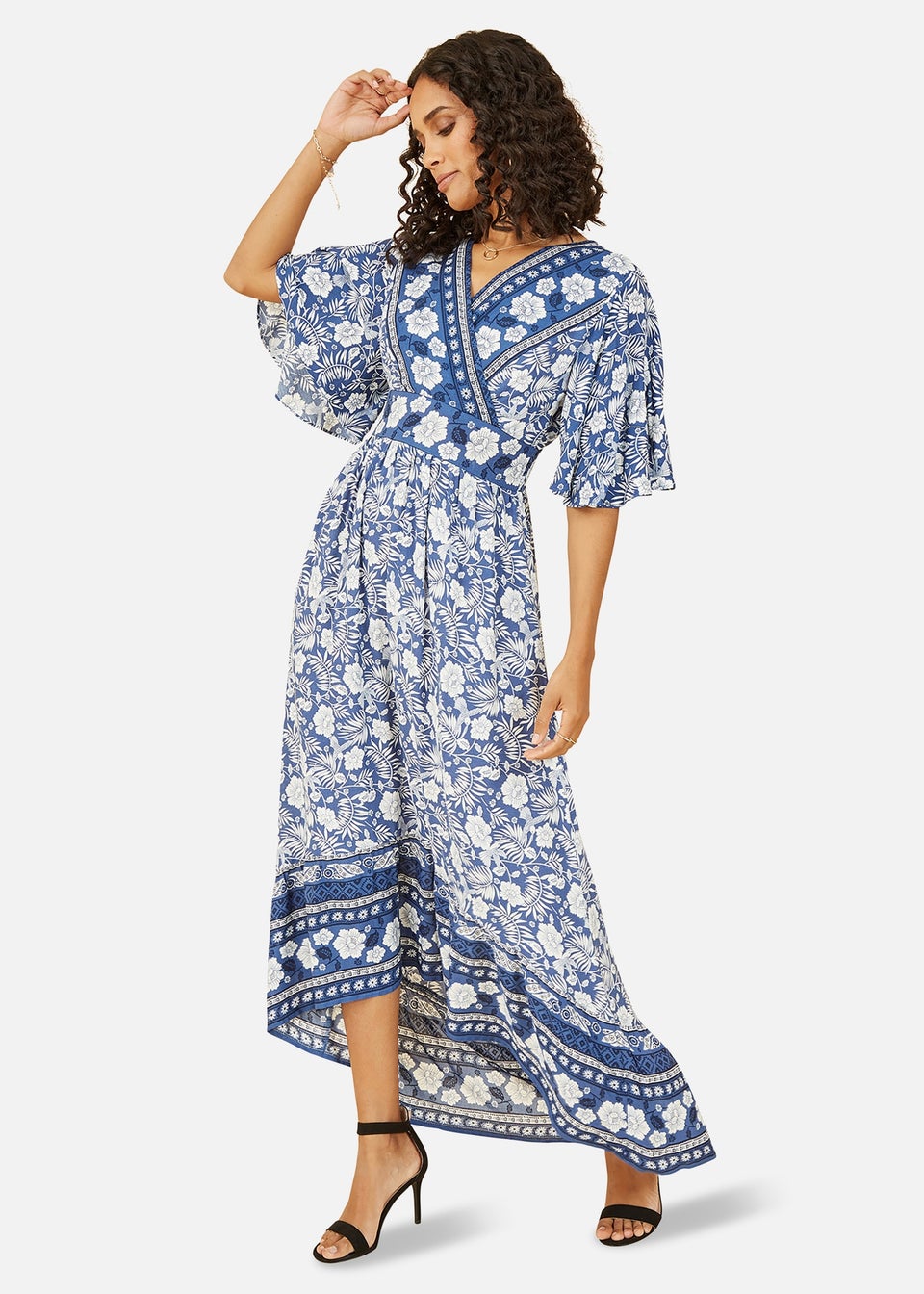 Yumi Blue Border Floral Print Wrap High Low Maxi Dress