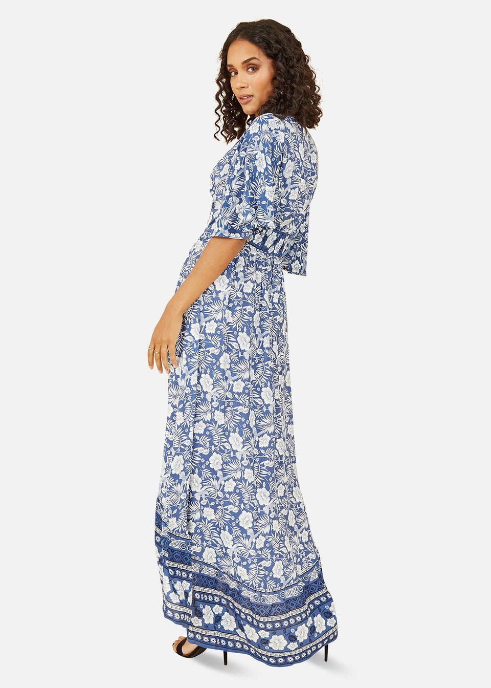 Yumi Blue Border Floral Print Wrap High Low Maxi Dress