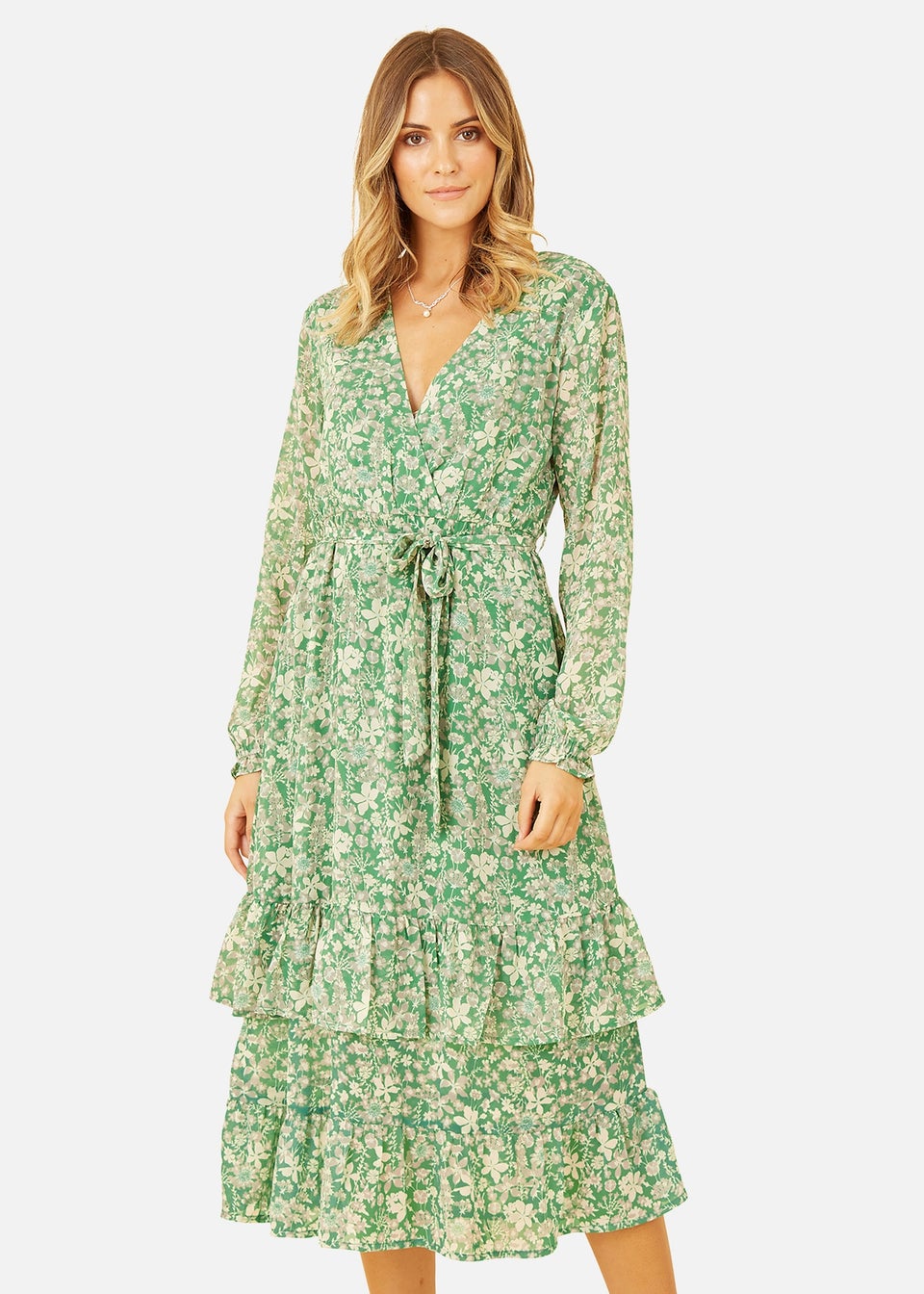 Yumi Green Floral Wrap Long Sleeve Tiered Midi Dress