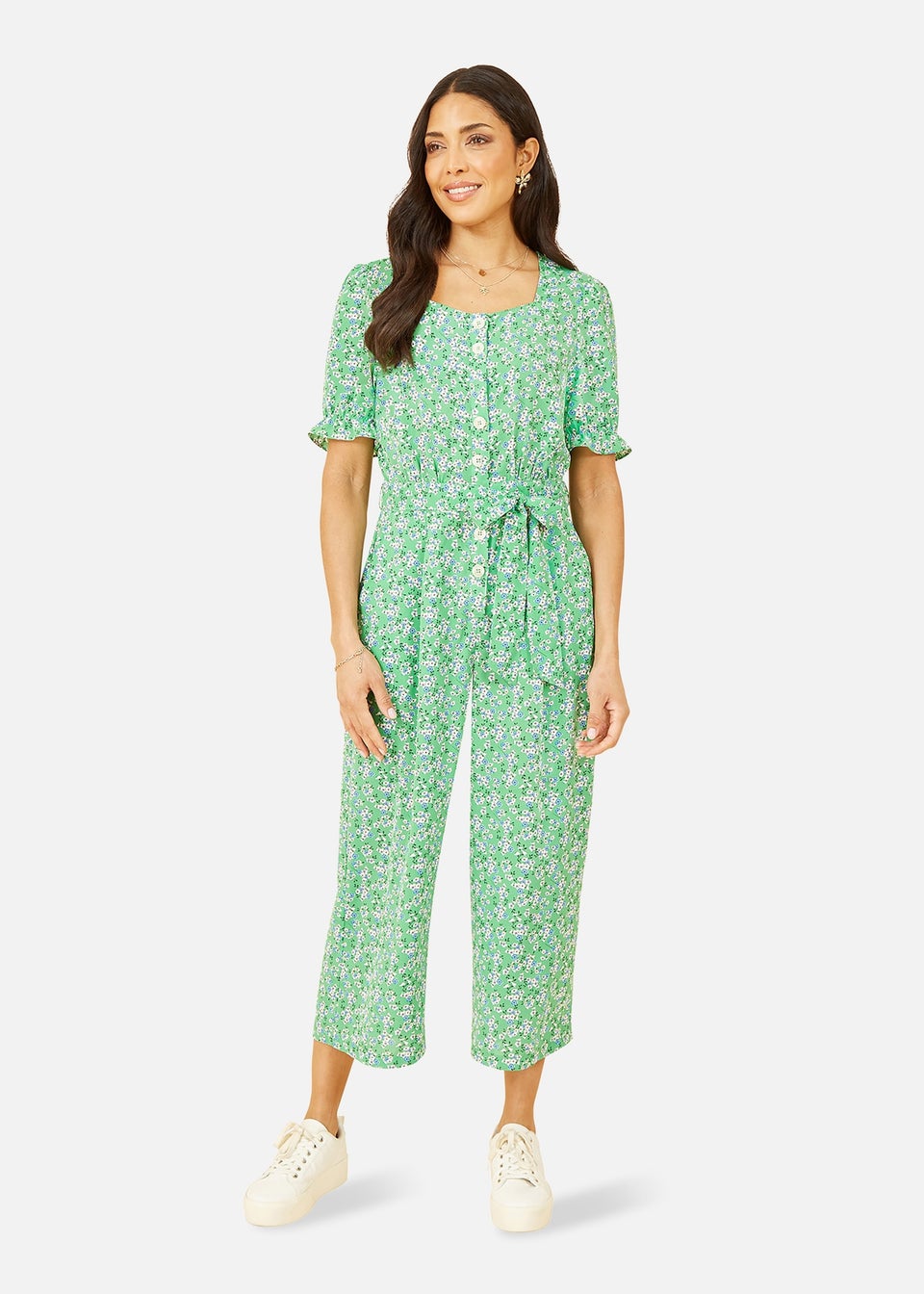Yumi Green Floral Puff Sleeve Jumpsuit