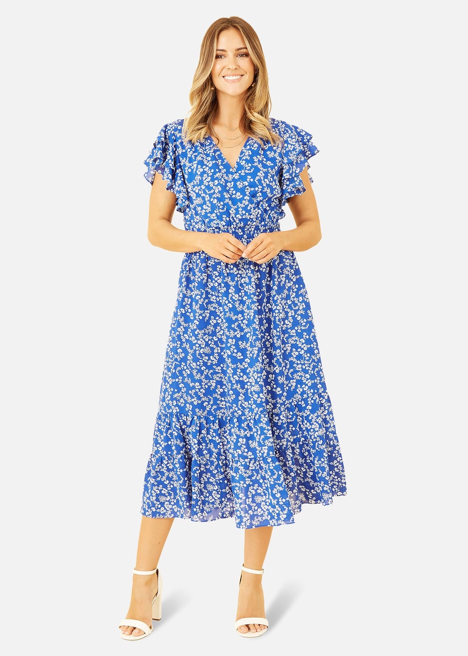 Yumi Blue Ditsy Print Midi Dress With Frill Sleeve