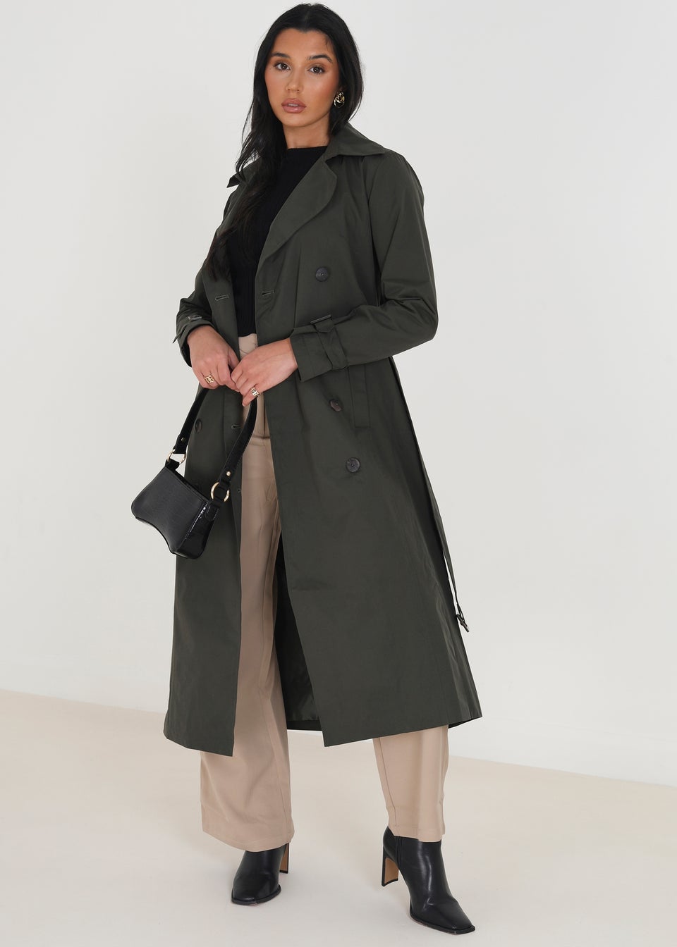 Brave Soul Khaki Double-Breasted Longline Trench Coat