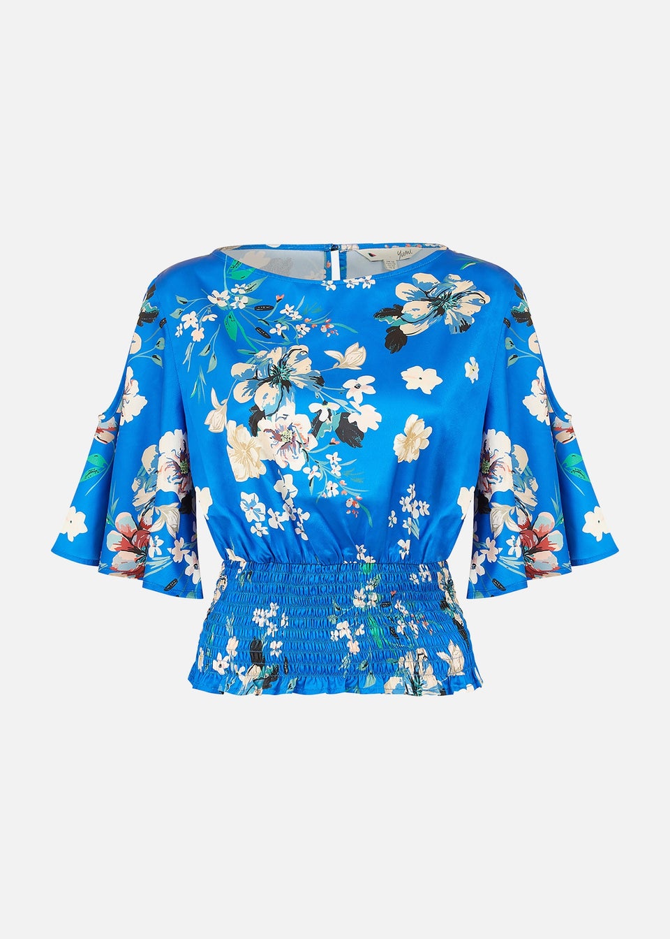 Yumi Blue Floral Satin Top With Angel Sleeves