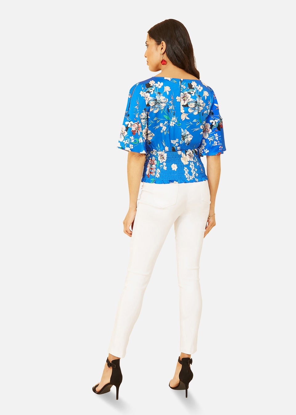 Yumi Blue Floral Satin Top With Angel Sleeves