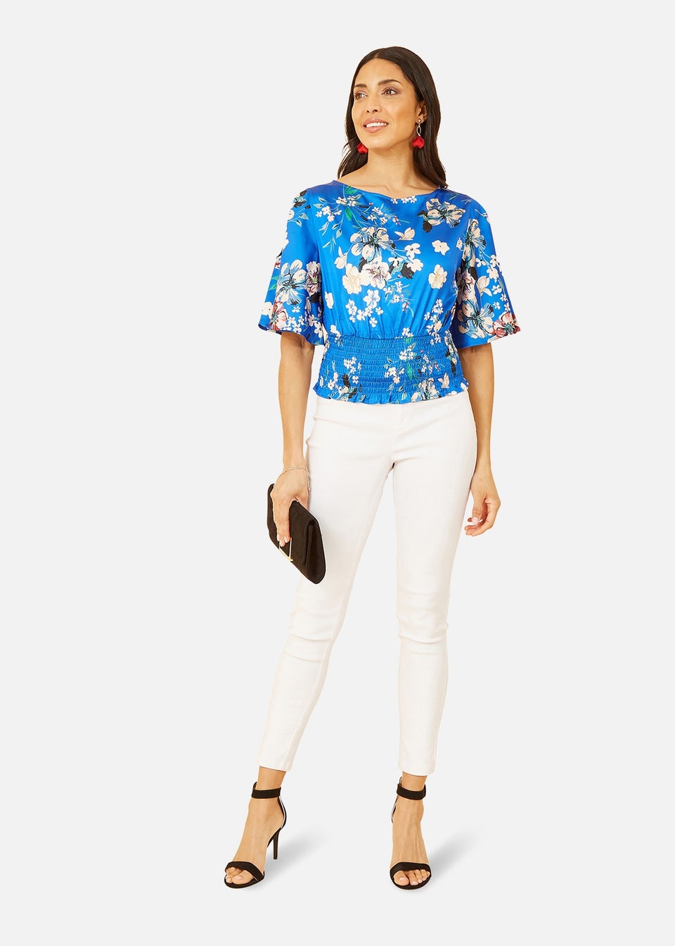 Yumi Blue Floral Satin Top With Angel Sleeves
