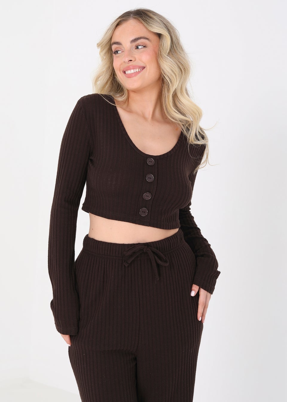 Brave Soul Chocolate Noon Cropped Long Sleeve & Wide Leg Lounge Set