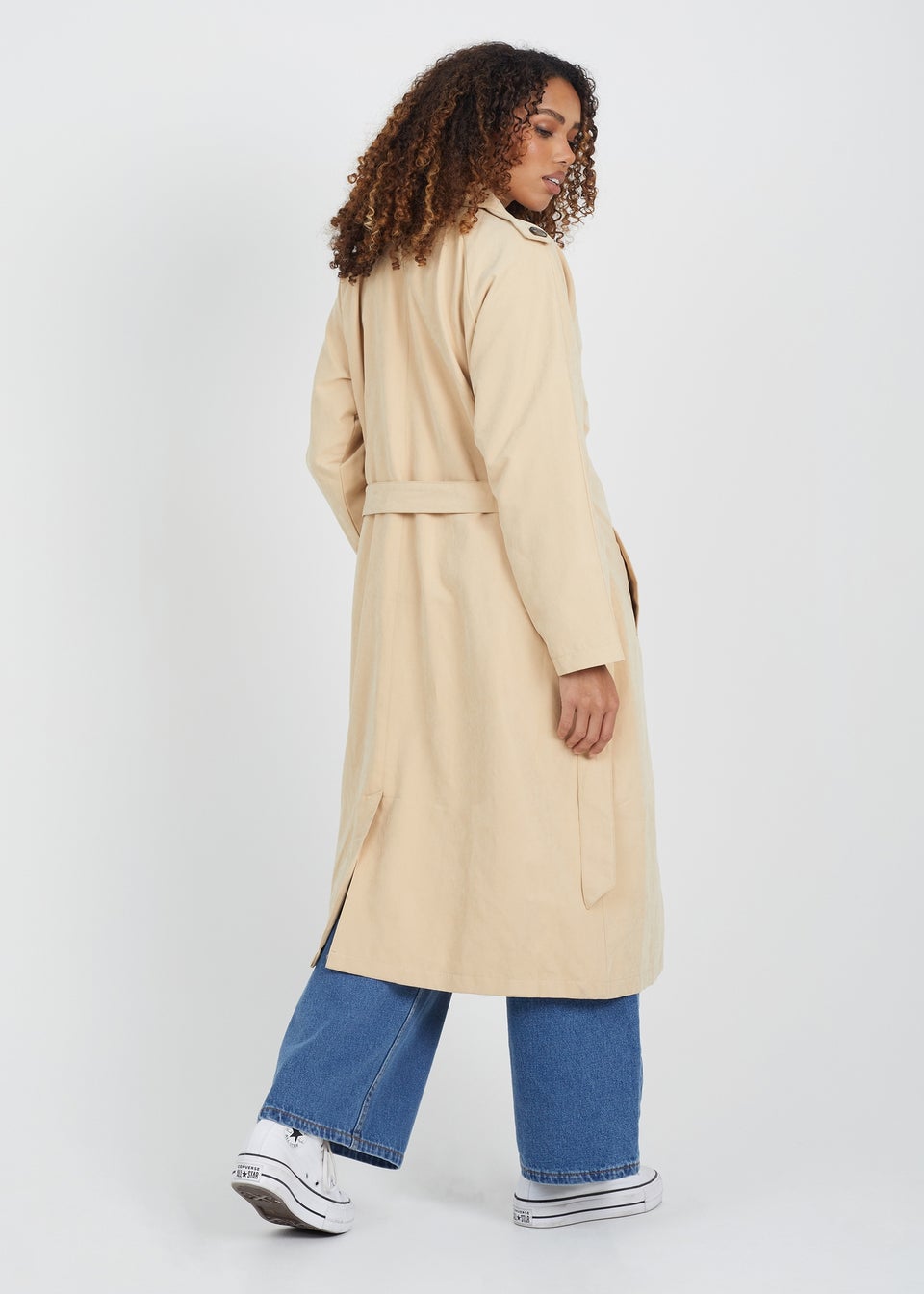 Brave Soul Camel Double-Breasted Longline Trench Coat with Raglan Sleeves