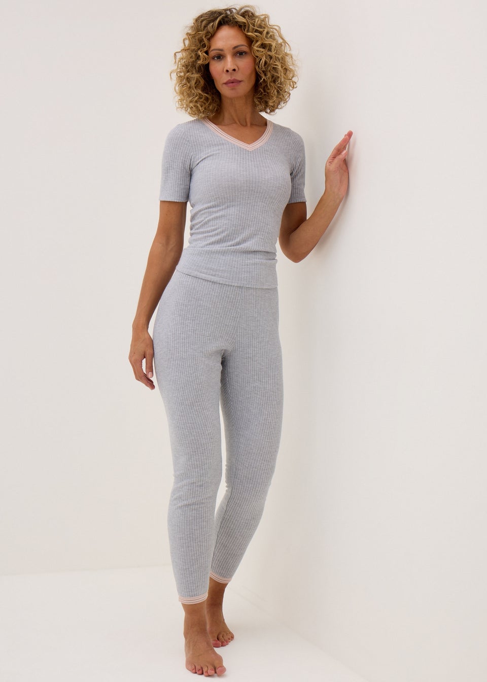 Grey Thermal V-Neck Top & Leggings Set