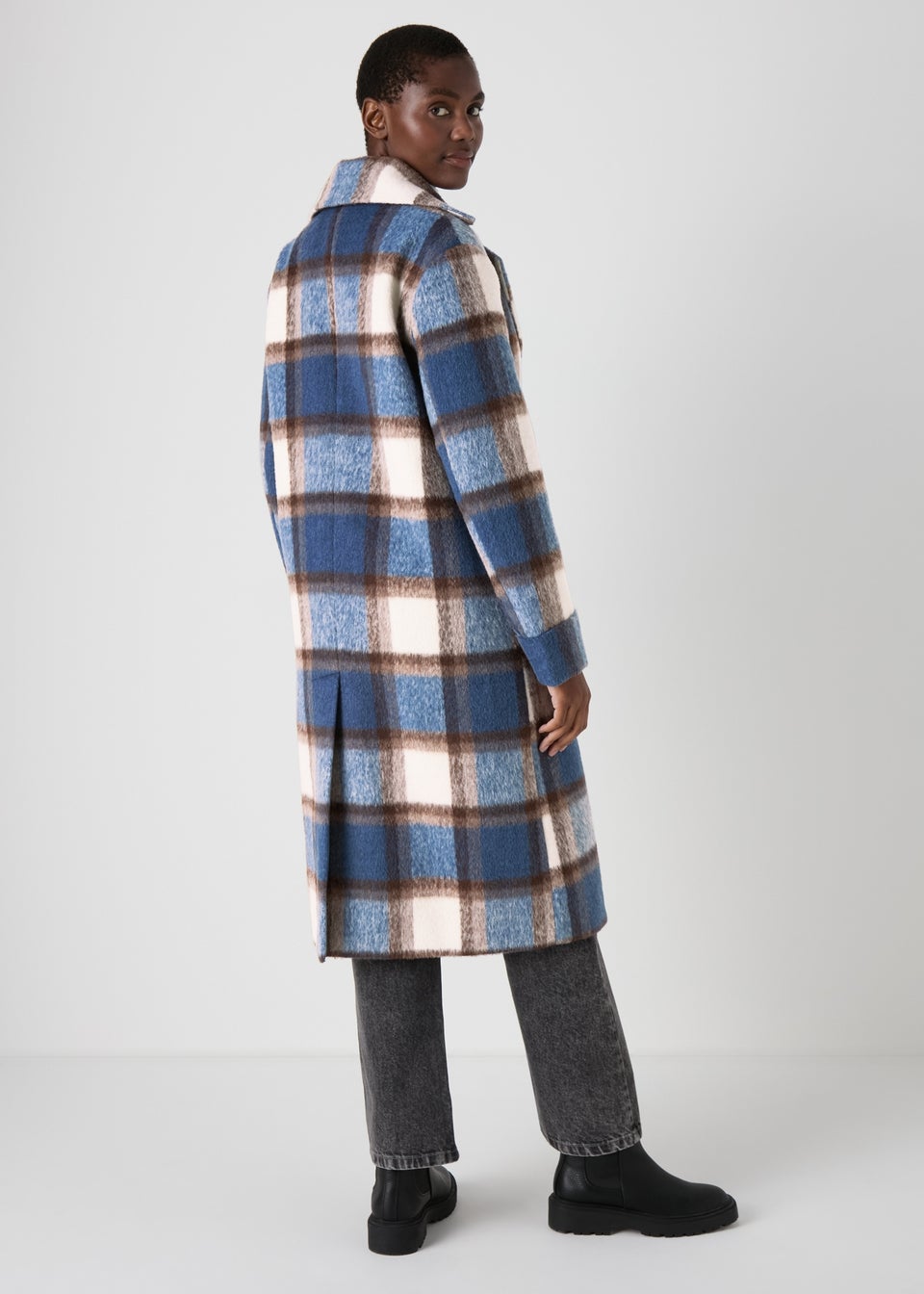 Blue check wool coat on sale