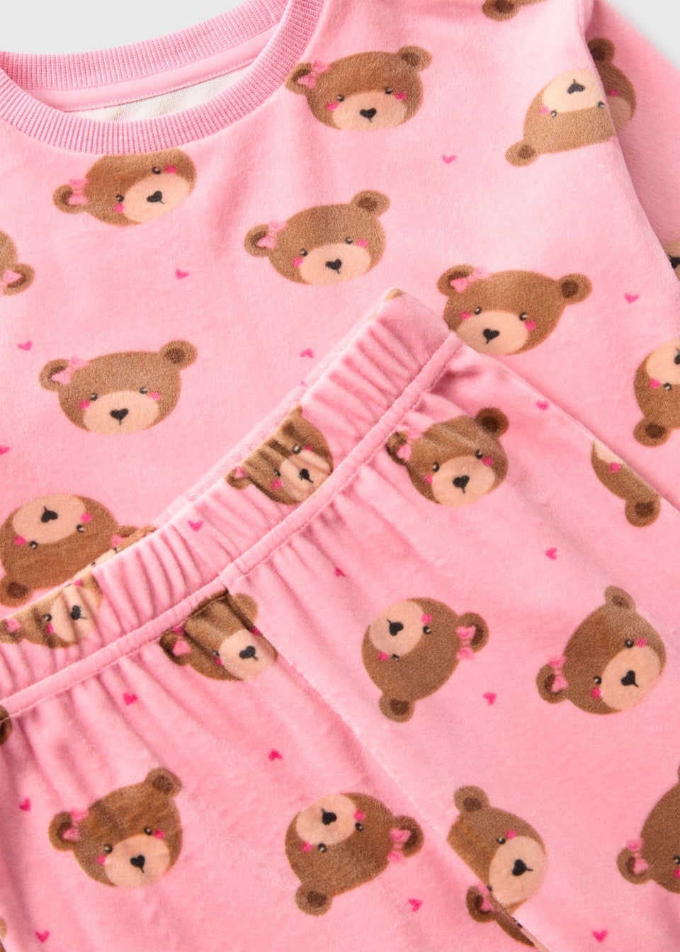 Girls Pink Bear Velour Top & Bottom Pyjama Set (1-7yrs)