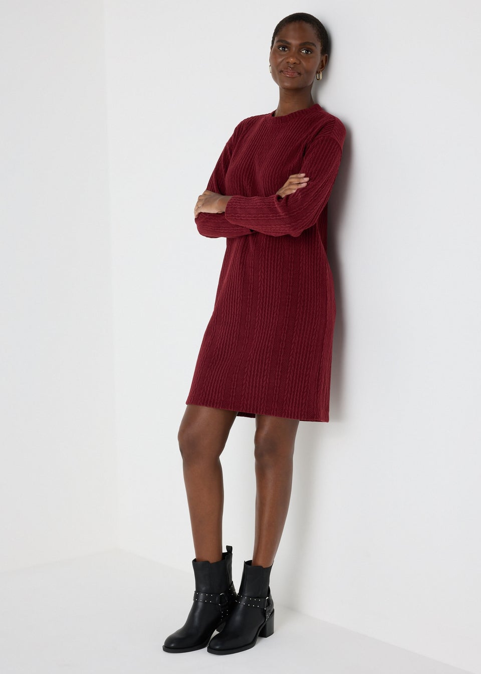 Burgundy Cable Knit Mini Dress Matalan
