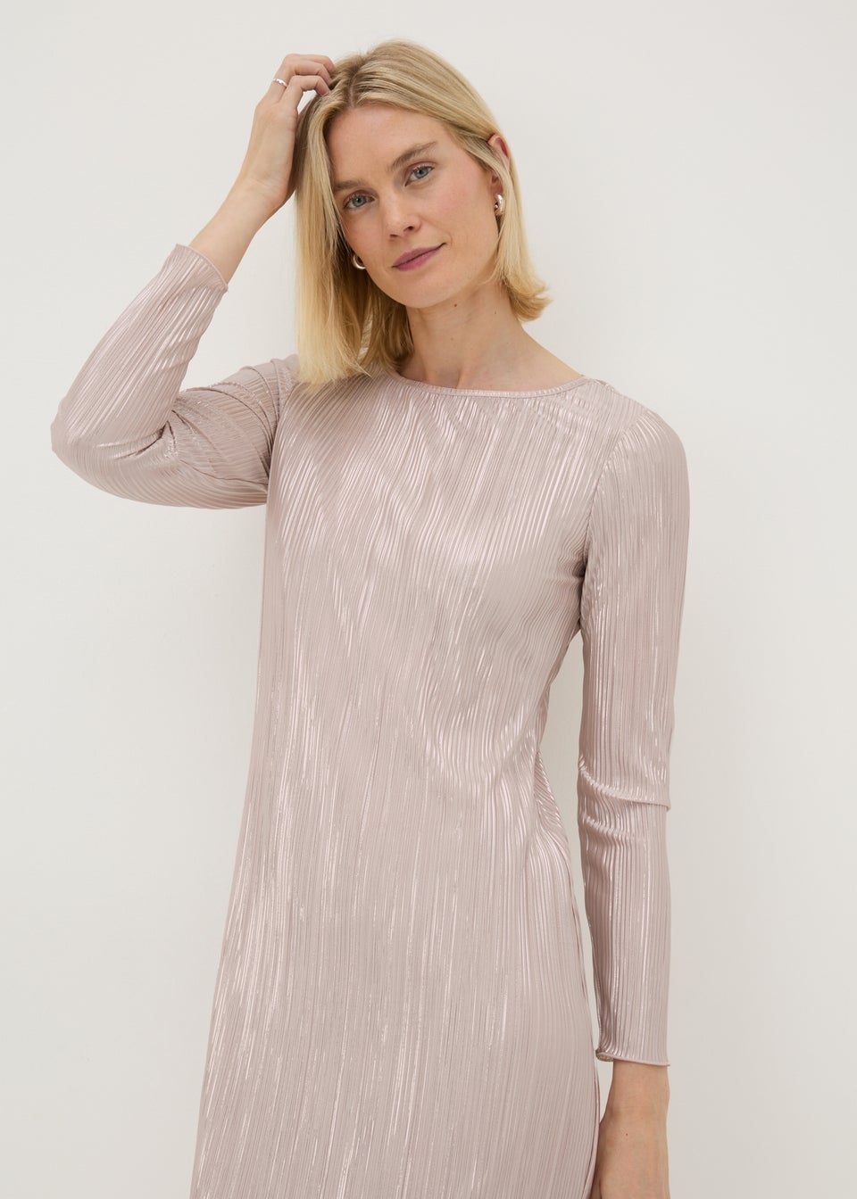 Pink Metallic Plisse Midi Dress