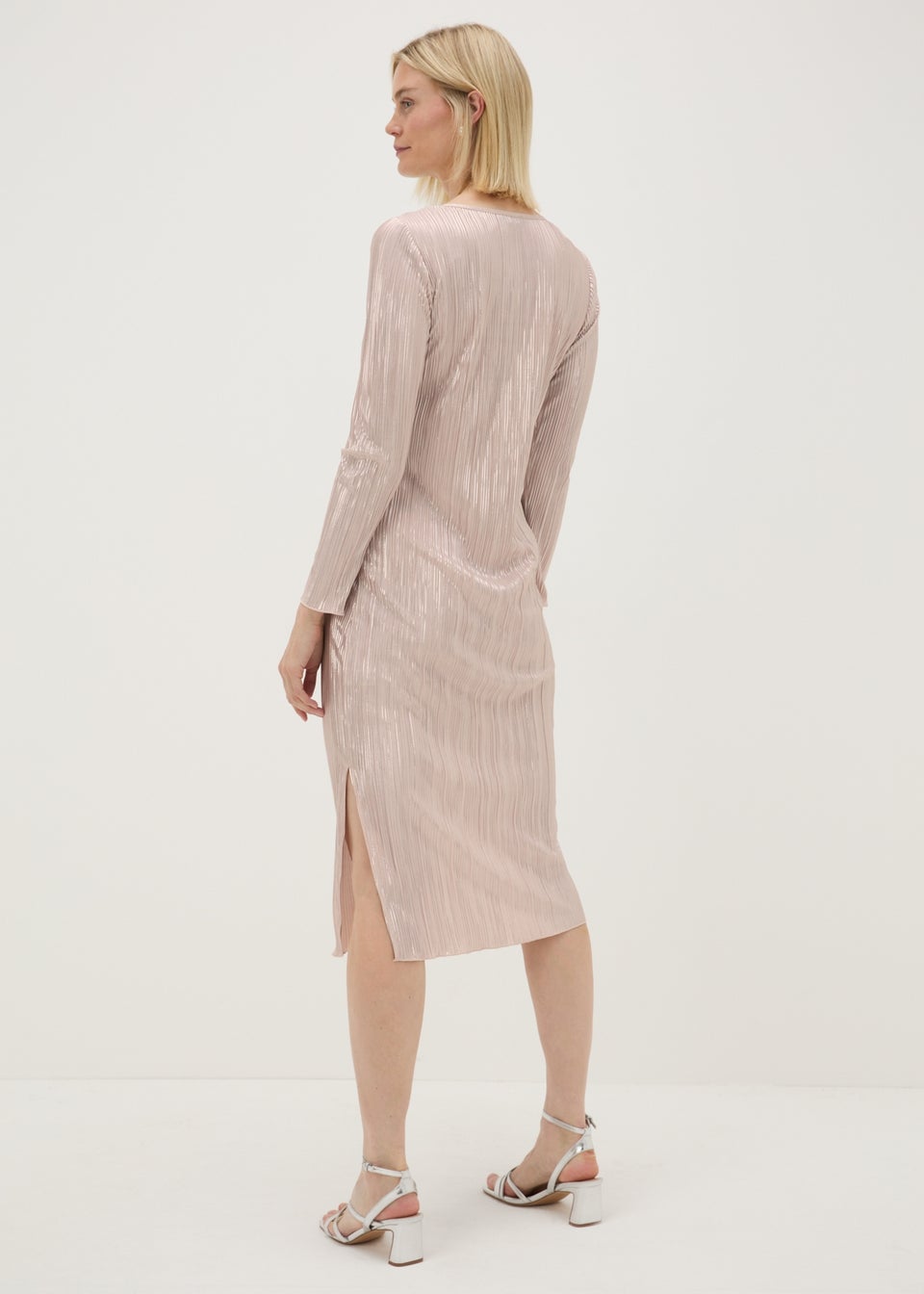 Pink Metallic Plisse Midi Dress