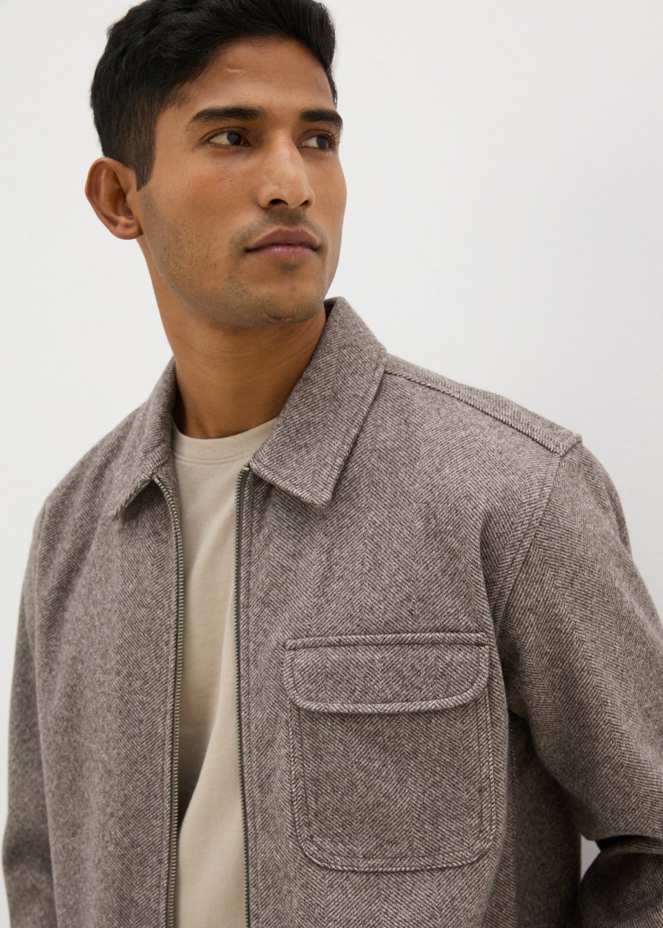 Brown Herringbone Zip Up Shacket