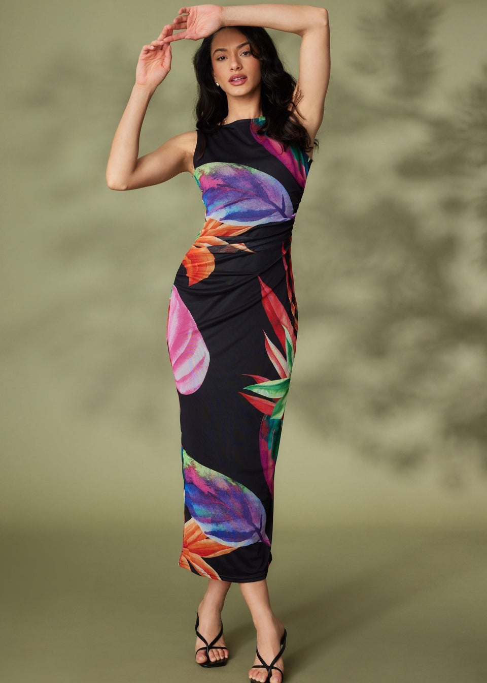 Quiz Black Mesh Tropical Print Midaxi Dress