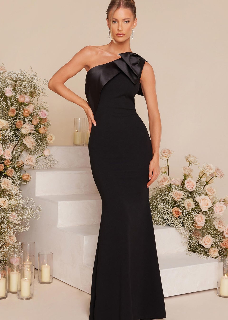 Quiz Black One Shoulder Bow Maxi Dress Matalan