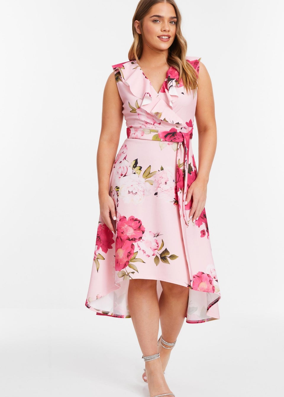 Quiz Pink Petite Floral Dip Hem Midi Dress