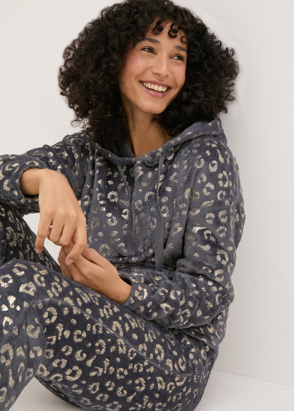 Grey Foil Animal Print Fleece Loungewear Set Matalan