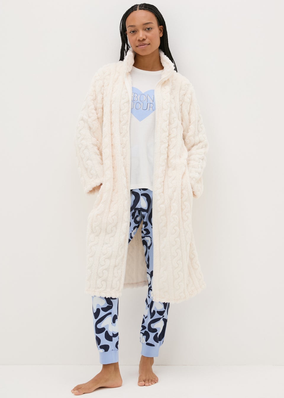 Cream Zip Cable Dressing Gown Matalan